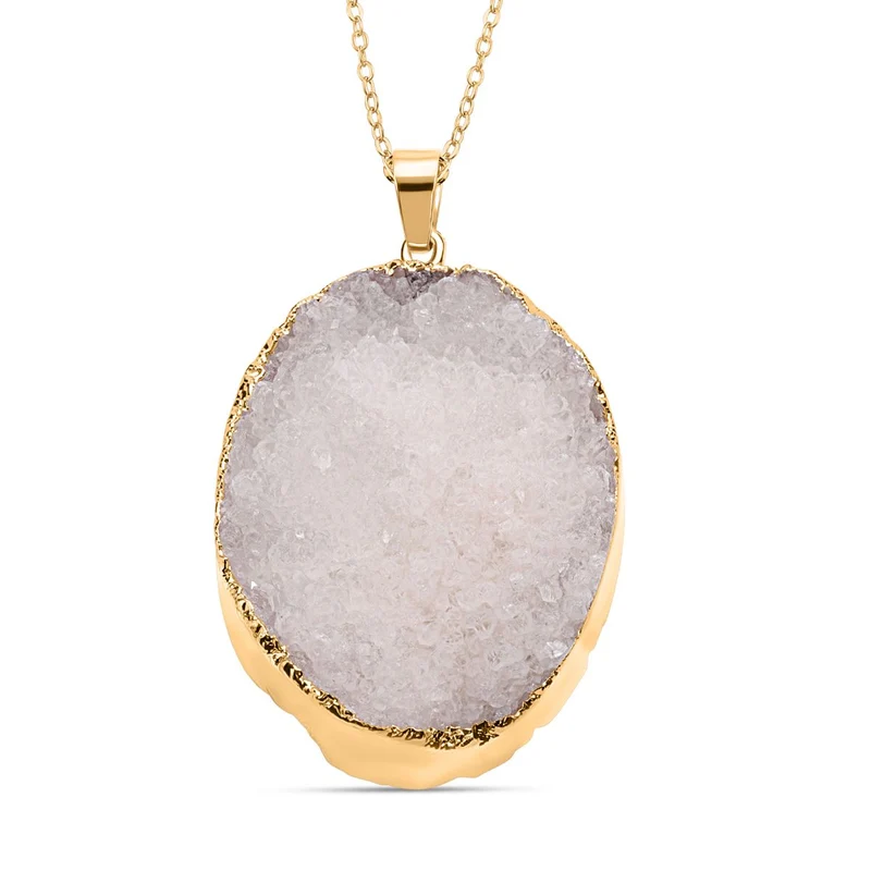 Weißer Drusy Quarz Anhänger mit Kette, Messing, vergoldet