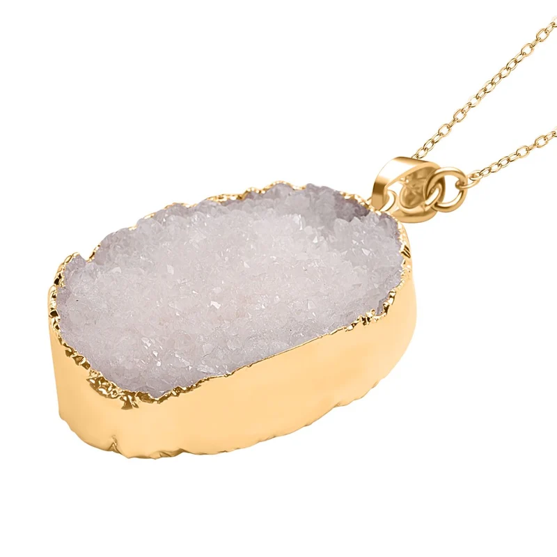 Weißer Drusy Quarz Anhänger mit Kette, Messing, vergoldet