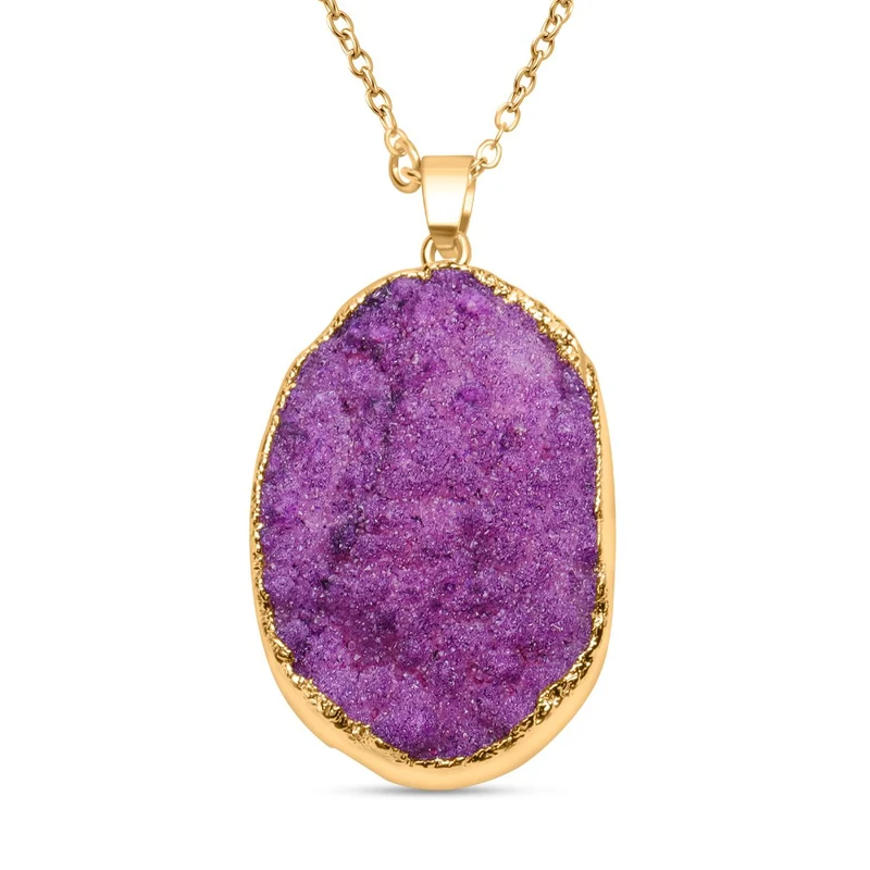 Weißer Drusy Quarz Anhänger mit Kette, Messing, vergoldet