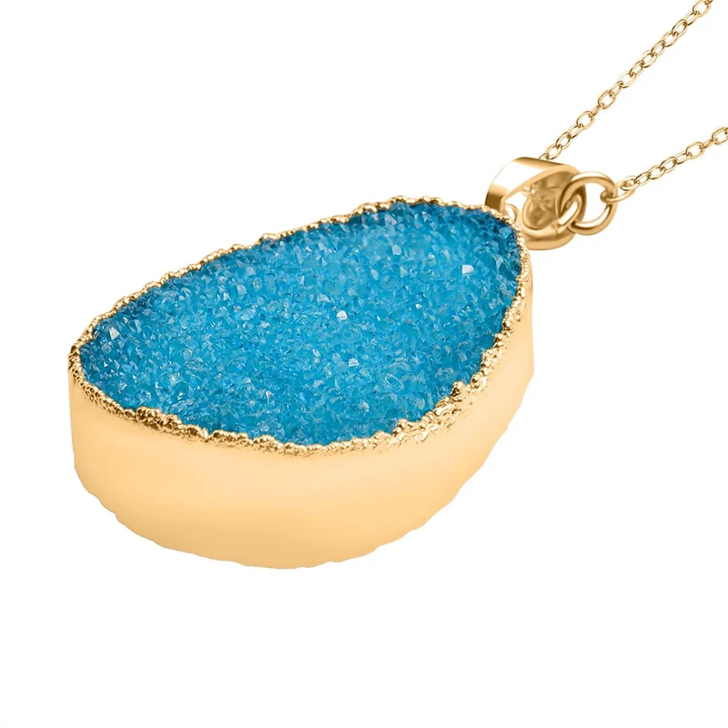 Weißer Drusy Quarz Anhänger mit Kette, Messing, vergoldet