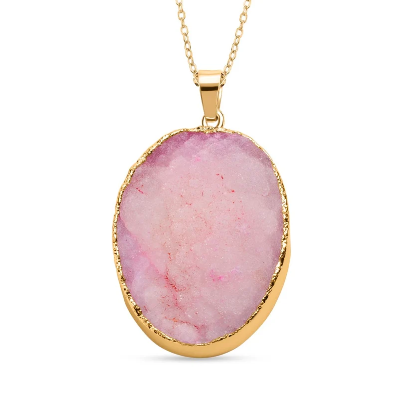 Weißer Drusy Quarz Anhänger mit Kette, Messing, vergoldet