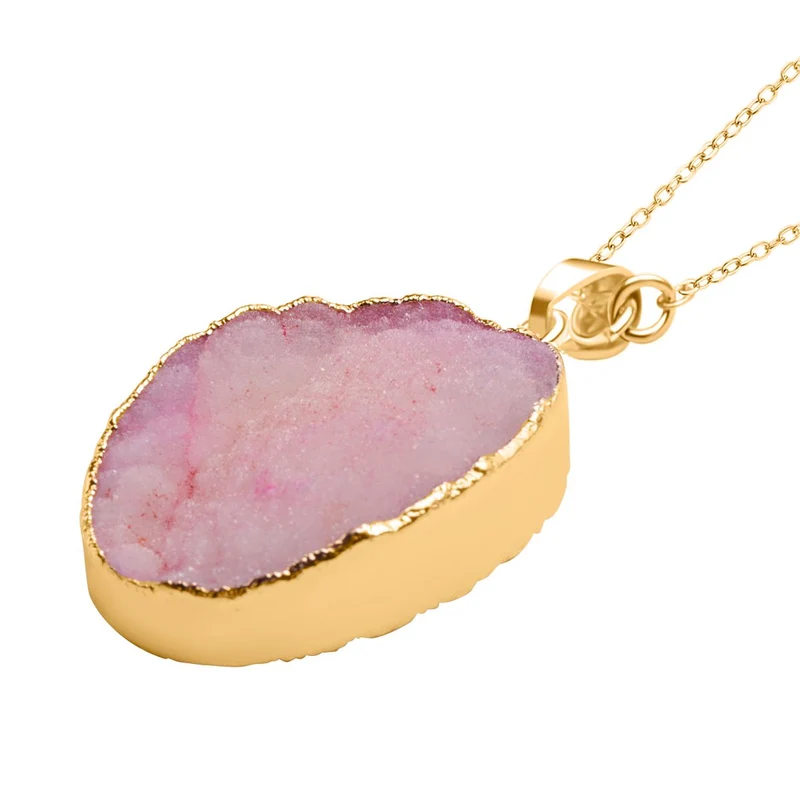 Weißer Drusy Quarz Anhänger mit Kette, Messing, vergoldet