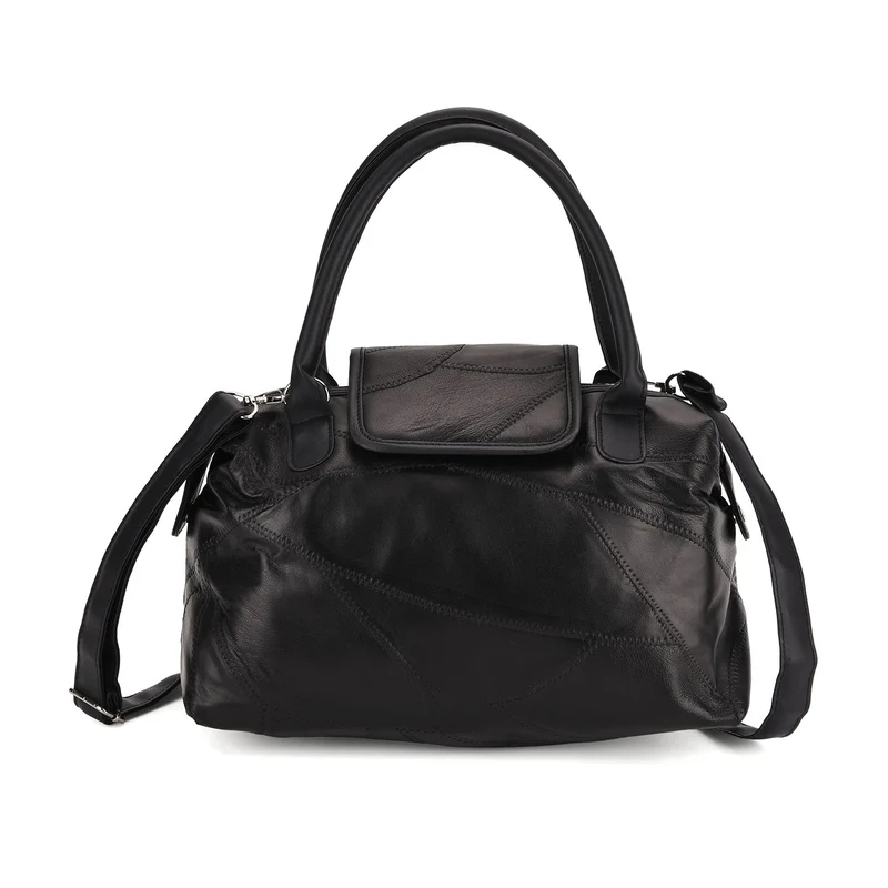 Patchwork-Reisetasche aus weichem Schafleder, mit Tragegriffen und abnehmbarem Schulterriemen, 29x1 5x21cm, Schwarz