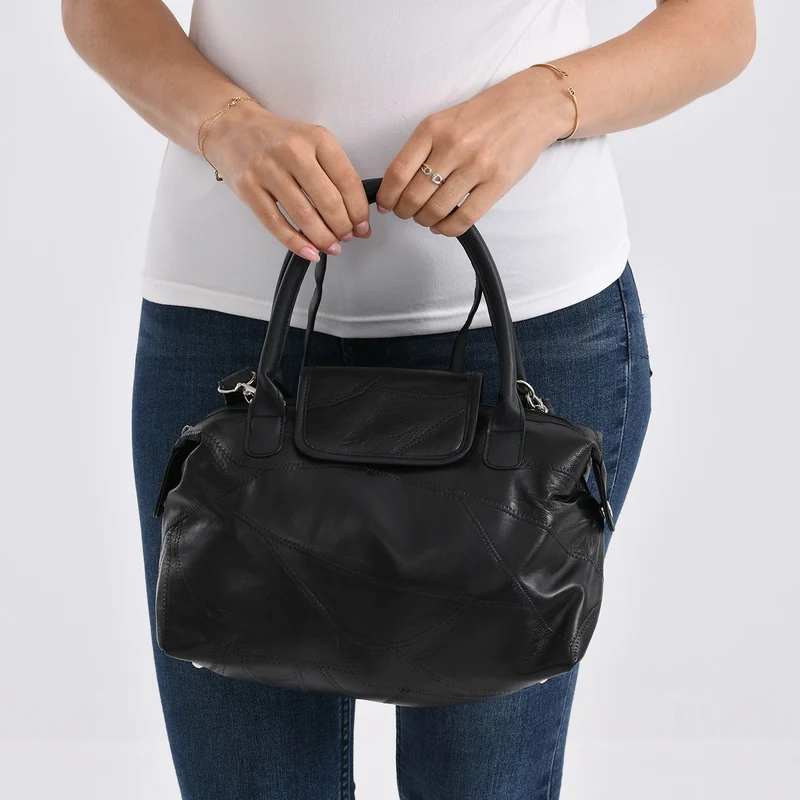 Patchwork-Reisetasche aus weichem Schafleder, mit Tragegriffen und abnehmbarem Schulterriemen, 29x1 5x21cm, Schwarz