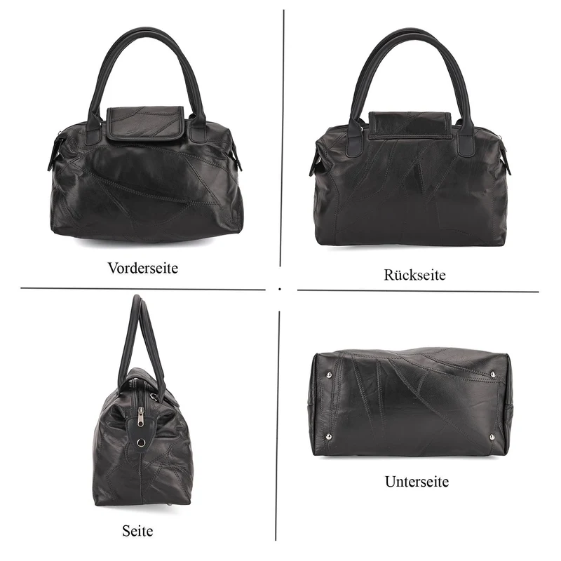 Patchwork-Reisetasche aus weichem Schafleder, mit Tragegriffen und abnehmbarem Schulterriemen, 29x1 5x21cm, Schwarz
