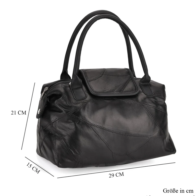 Patchwork-Reisetasche aus weichem Schafleder, mit Tragegriffen und abnehmbarem Schulterriemen, 29x1 5x21cm, Schwarz