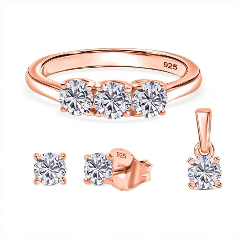 Moissanit Schmuckset 925 Silber 750 Roségold Vermeil (Größe 19) ca. 1,44 ct.
